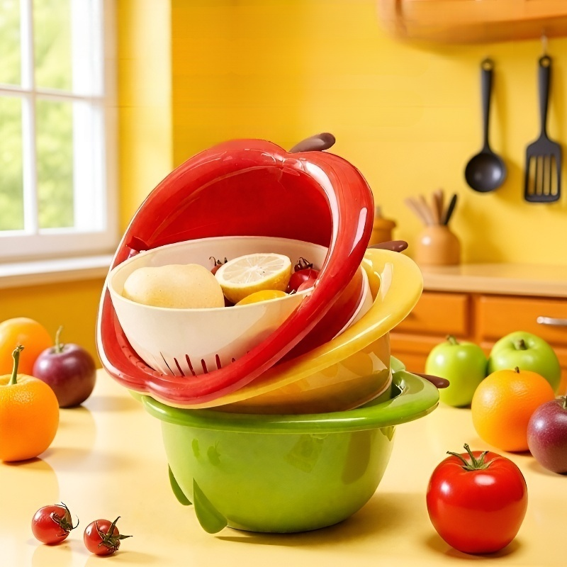 سلة غسيل وتجفيف خضراوات دوارة مزدوجة الطبقات على شكل فاكهة