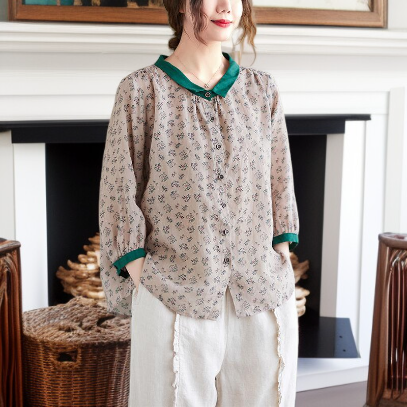 신상 여름 여성복 프린트 셔츠 코튼 마 문예 멜란 가디건 칼라 칠부 소매 캐주얼 셔츠녀