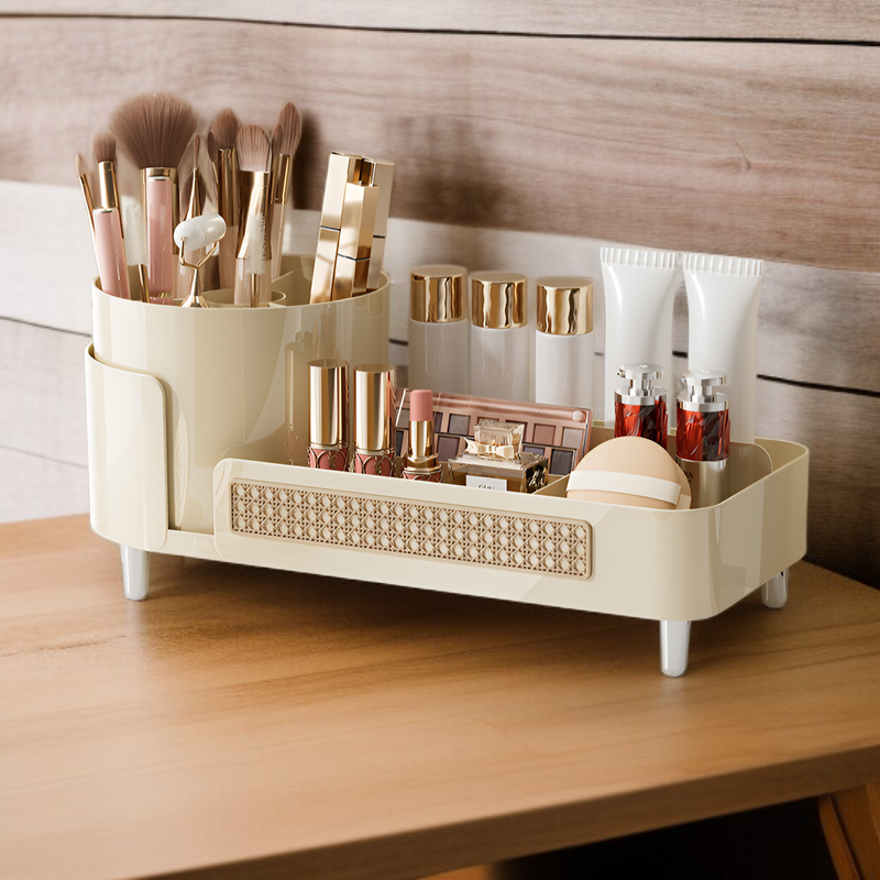 化粧品収納ボックス、ハイエンドデスクトップ、回転可能なグリッドペンホルダー、ドレッシングテーブル、大容量、多機能メイクボックス