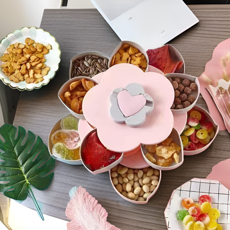 창의적인 꽃잎 회전 과일 접시 이중층 건과일 간식함