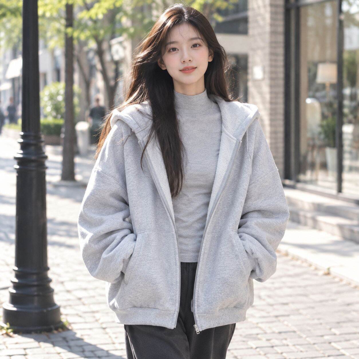 초가을용 여성 루즈핏 캐주얼 후드 재킷