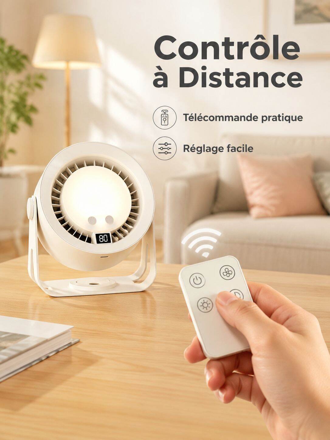 Ventilateur de bureau 2-en-1 avec lampe de nuit, télécommande, USB rechargeable pour la maison