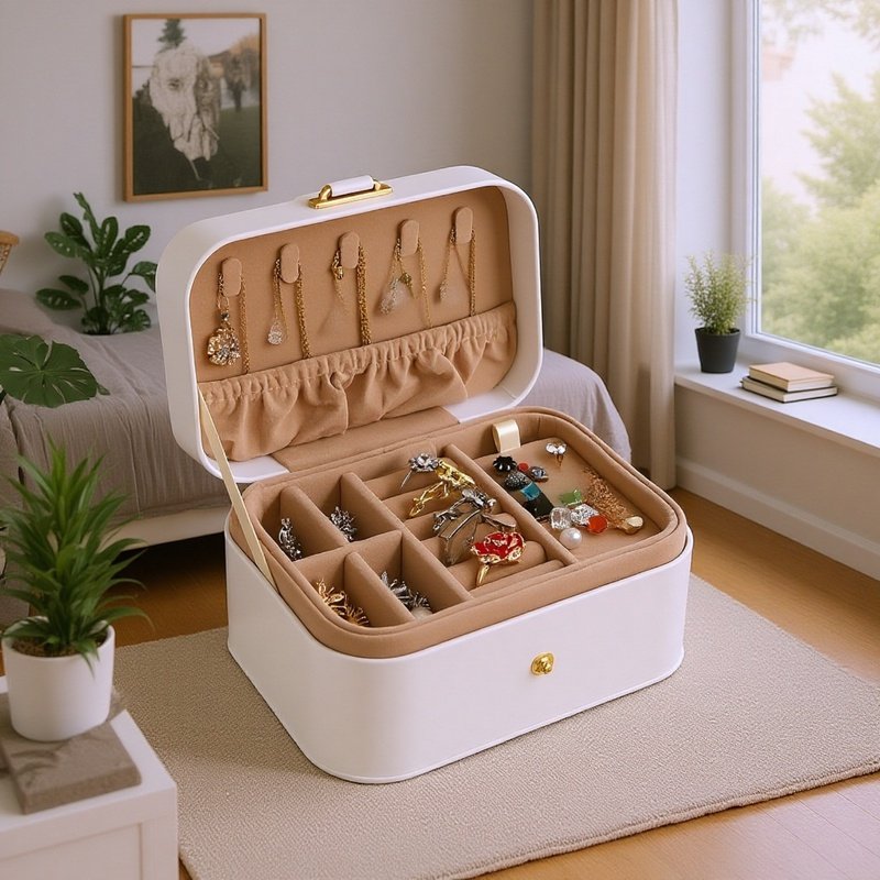 Button Flip 2-lagige Reise-Schmuckschatulle Tragbare Halskette Ohrring Ring Schmuckschatulle Aufbewa