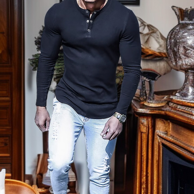 형남필수 남성 무지T셔츠 긴팔 작은 브이넥 헨리셔츠 캐주얼 이너 추동