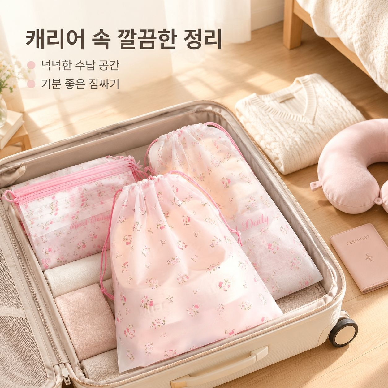 여행복과 신발을 보관할 수 있는 조임끈형 가방