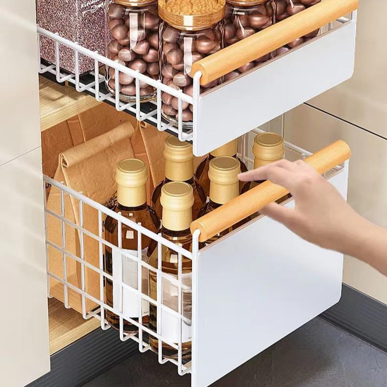 Estante extraíble multifuncional para platos y especias con riel deslizante y diseño plegable