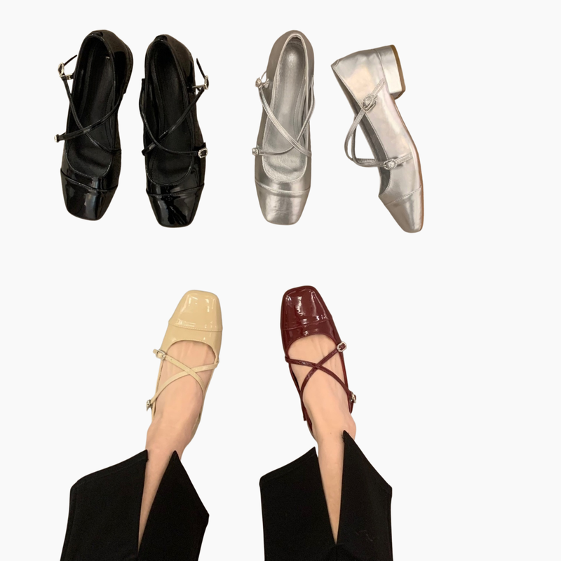 통굽 단화 소프트 크로스 스퀘어 플랫 슈즈 실버 단화 플랫 통굽 단화