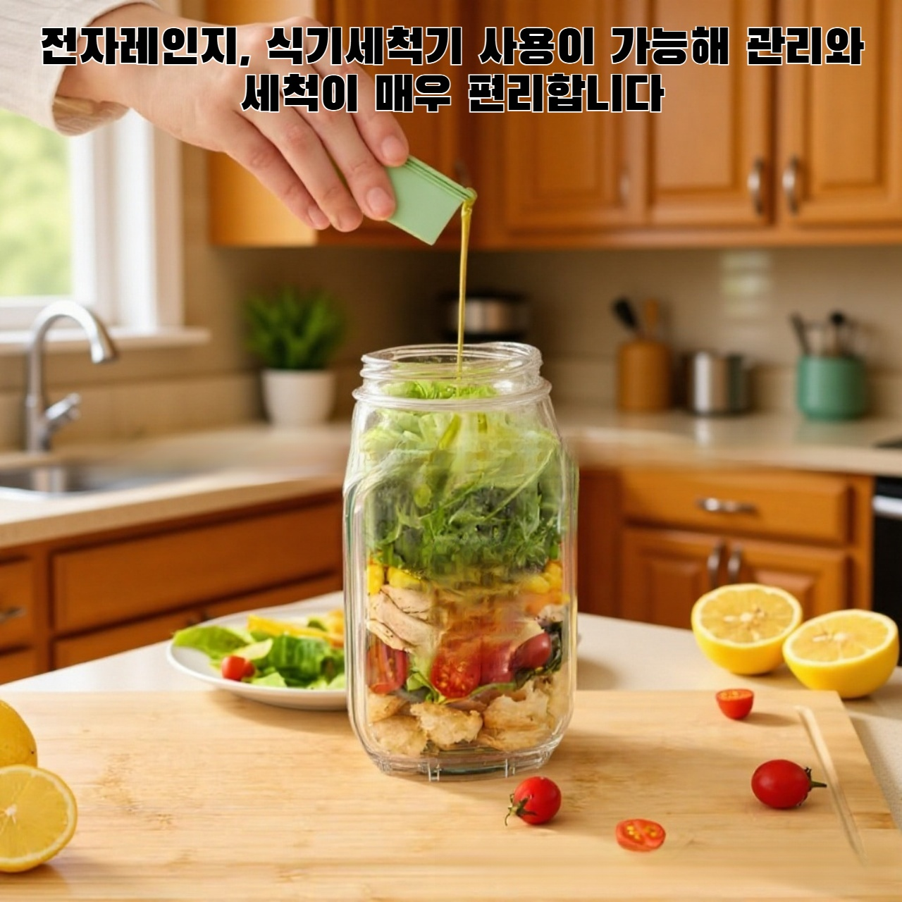 뚜껑이 있는 샐러드 볼의 휴대 모습