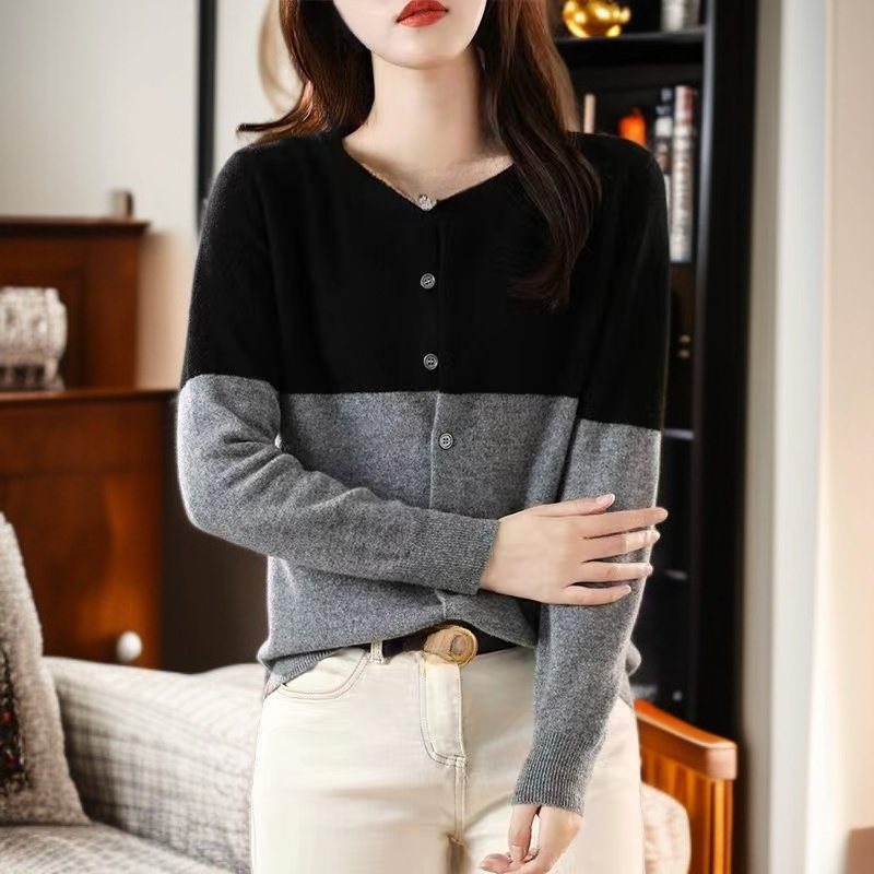 봄가을 얇은 울 니트 라운드 가디건 여성용 숏 코트