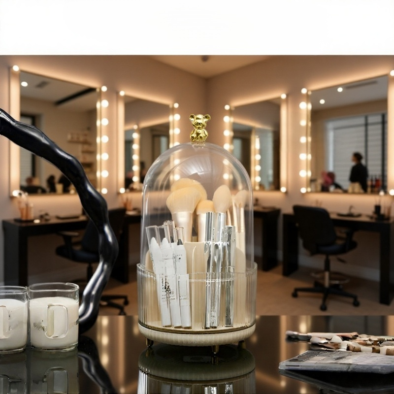 Organizador de maquillaje de escritorio, soporte rotatorio de oso para lápices de cejas,