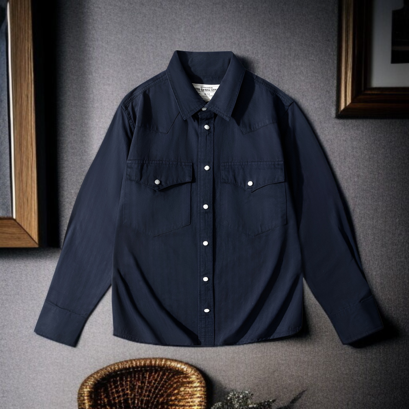 メンズ無地ヘリンボーン作業シャツ 瑪瑙ボタン付き新作長袖