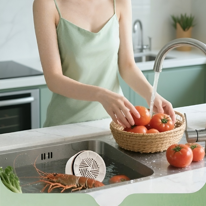 Obst und Gemüse vor und nach der Reinigung im automatischen Reiniger