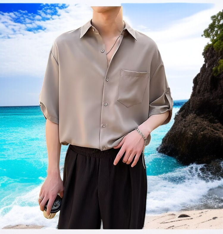 ビジネスダークグリーンメンズ半袖シャツノンアイロンルーズシャツドレープ半袖シャツ