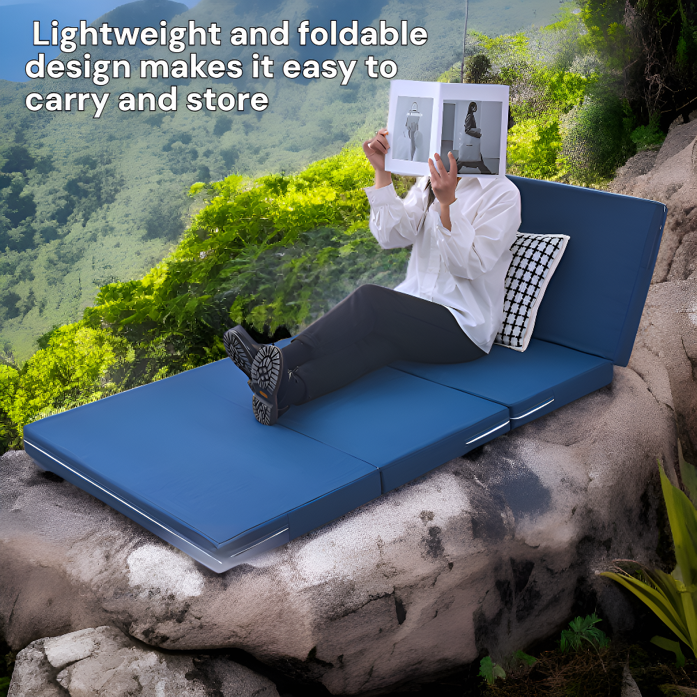 Portable folding mattress for lunch break, perfect for outdoor use.