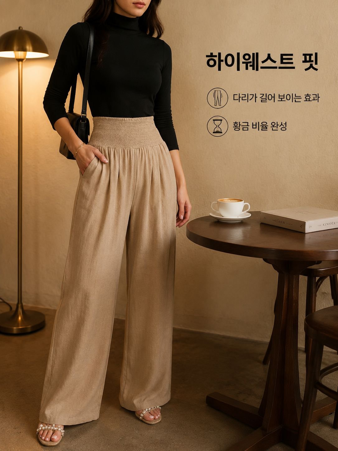 하이웨이스트 솔리드 밴딩 와이드 팬츠