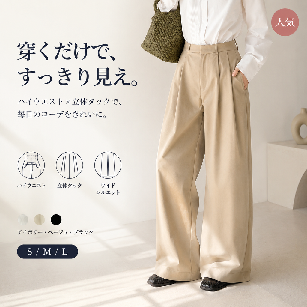 【2026秋新作】Monolly 美脚タックワイドパンツ | 3:7黄金比・高見え・ストレスフリー