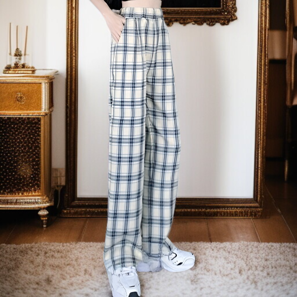 하이웨스트 체크 팬츠 캐주얼 바지 직통 옥외 행사 흡습 날씬해 보이는