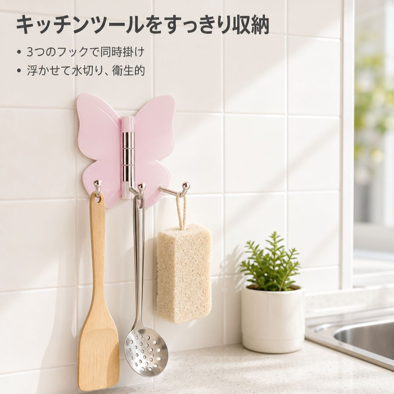 蝶型回転三連フック 穴あけ不要 コーナー用壁掛けキッチン収納フック