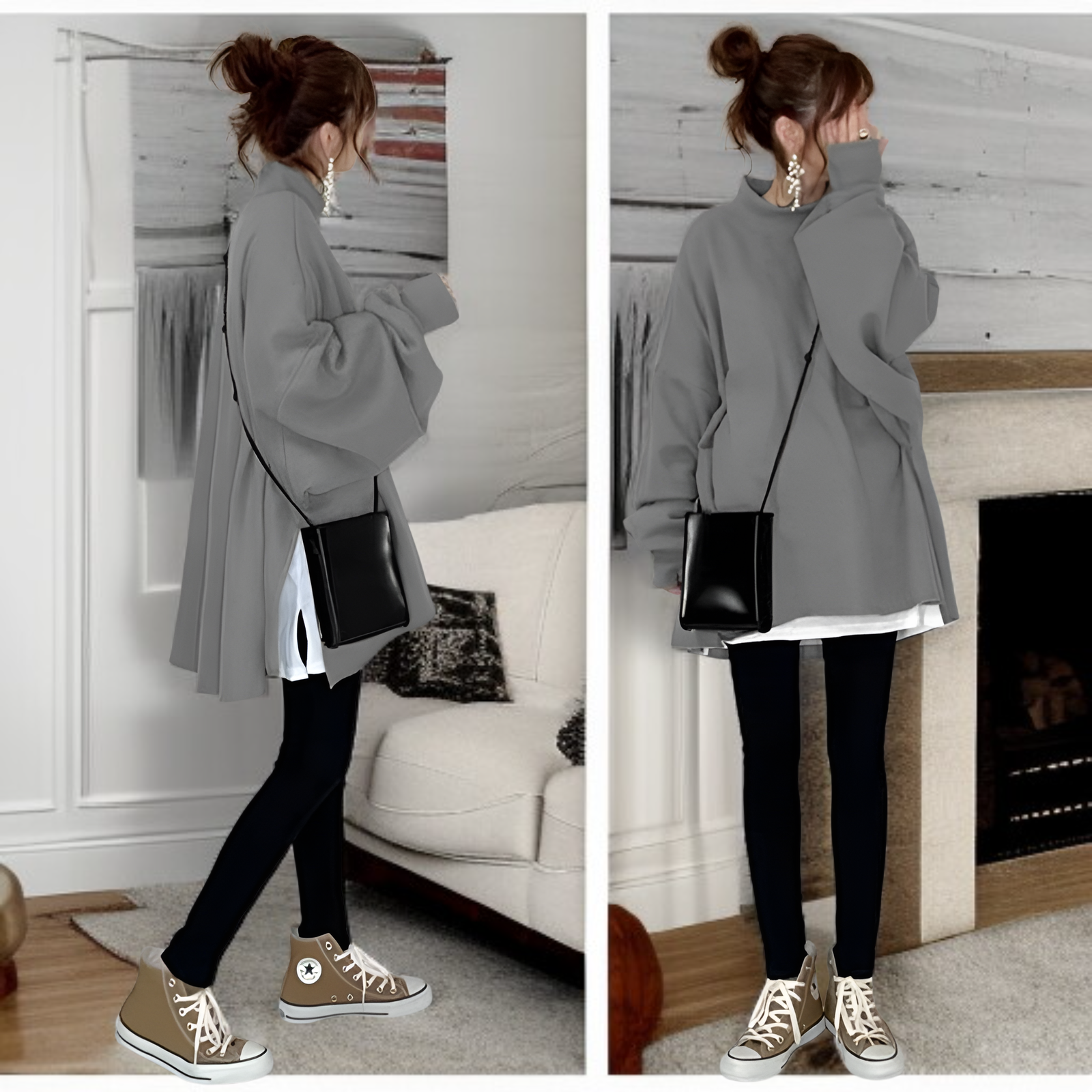 秋冬新作文芸風フェイクレイヤード無地プルオーバースウェット レディース