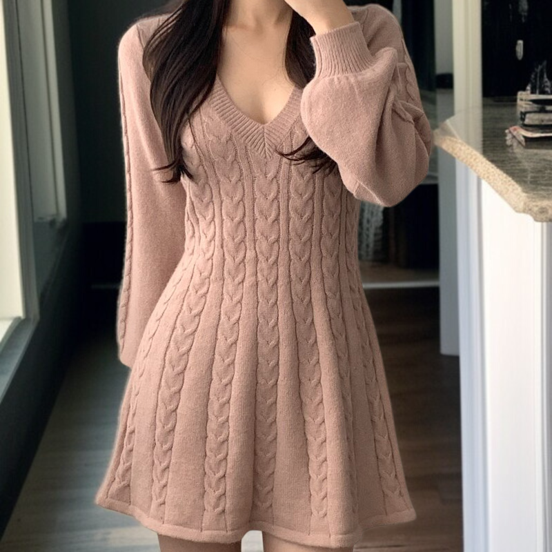 秋冬のヴィンテージ風麻の花柄Vネックウエストマークの小柄ロングスリーブAラインニットワンピース女性向け
