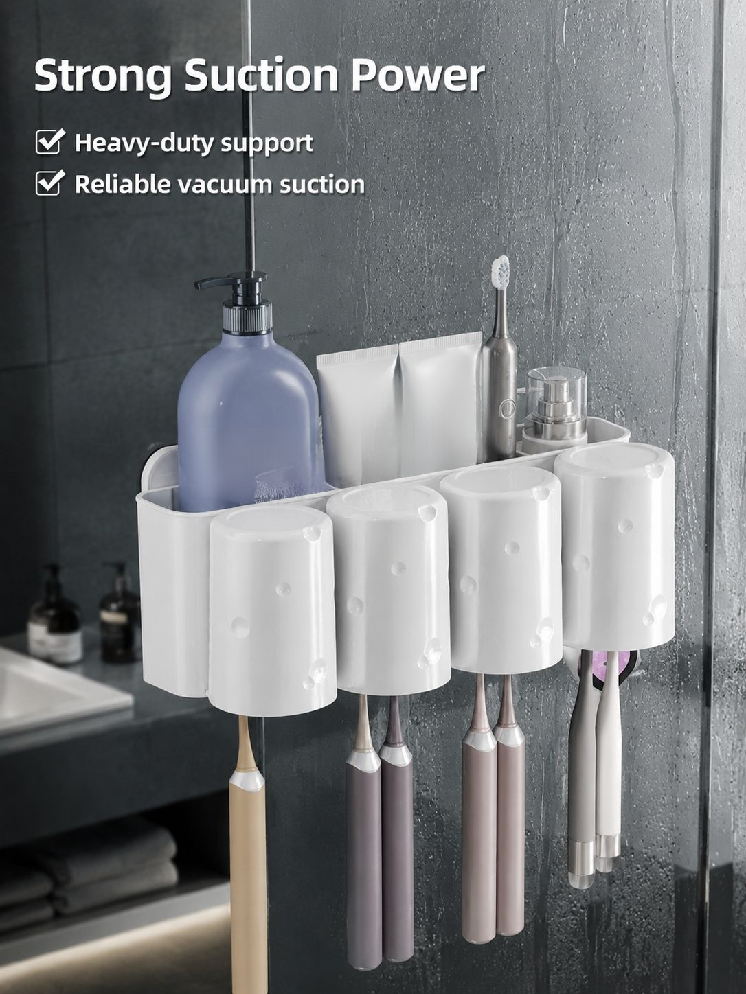 Wall-mounted suction toothbrush holder storing both manual and electric toothbrushes