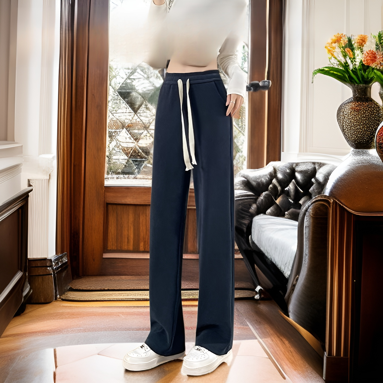 여성 개더 하이 웨스트 와이드 팬츠