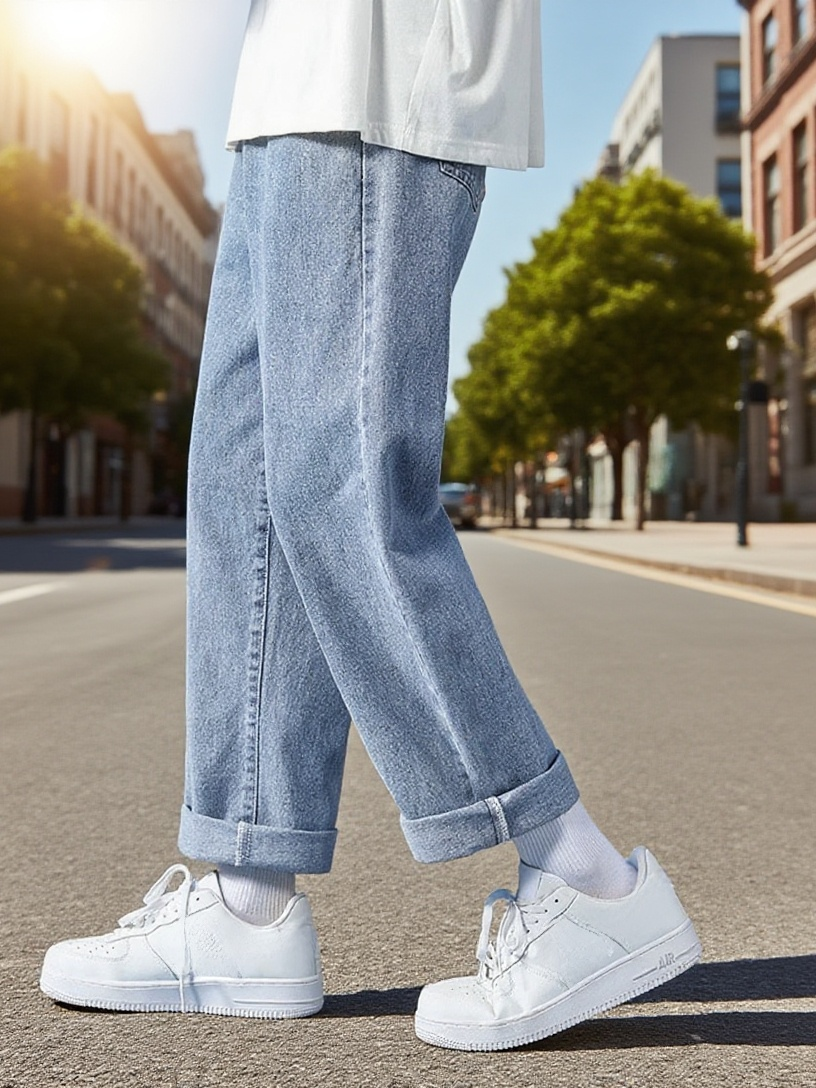 남성용 베이직 와이드 데님 팬츠 9부