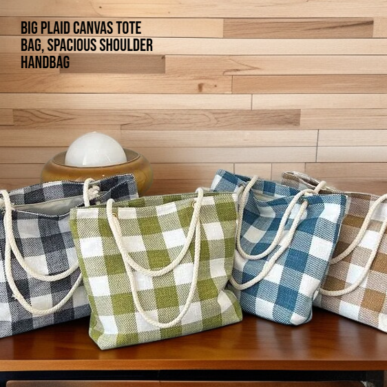 Big Plaid Canvas Tote Bag, Spacious Shoulder Handbag
