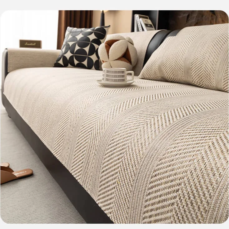 四季用リネン風ヘリンボーン柄ソファマット
