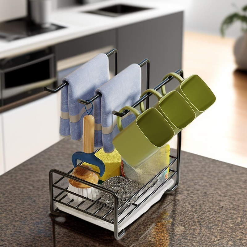 ที่วางของอเนกประสงค์สแตนเลสสำหรับก๊อกน้ำในครัว พร้อมลูกบอลลวดและผ้าเช็ดจาน