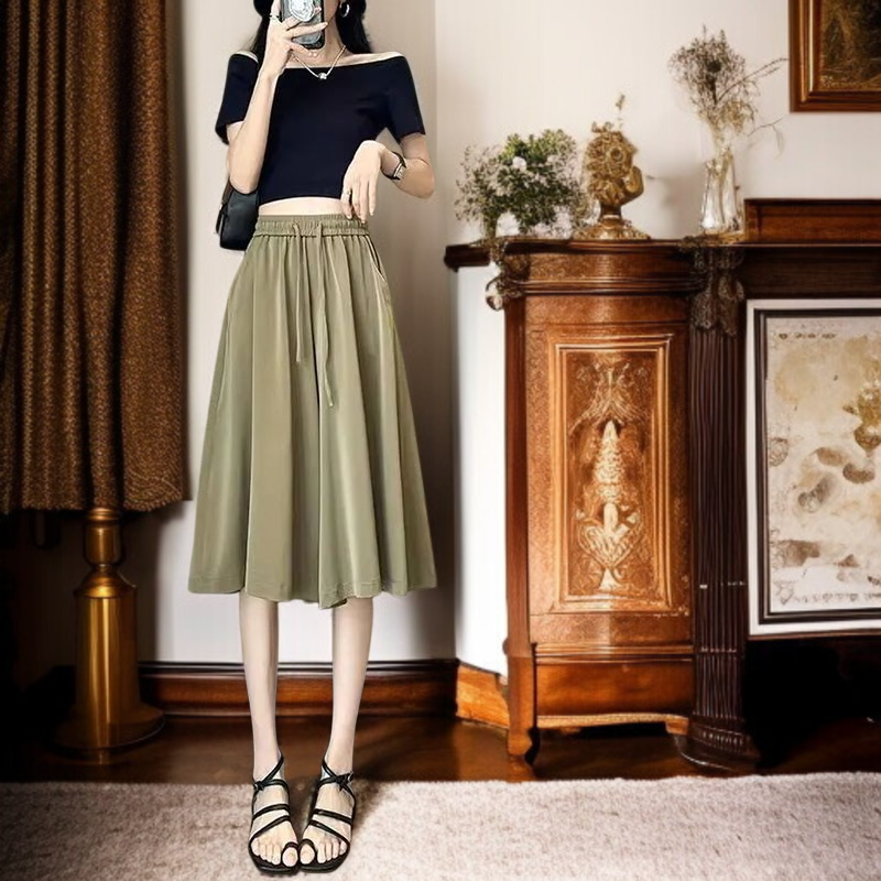 여자 여름 루즈핏 하이웨스트 와이드 치마바지 드롭 스트링 칠부 치마바지