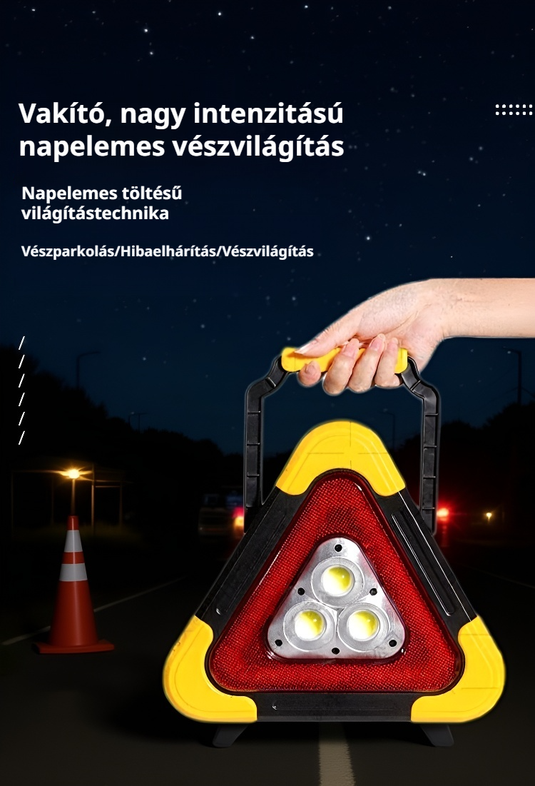 Napenergiás autós vészjelző háromszög lámpa használat közben