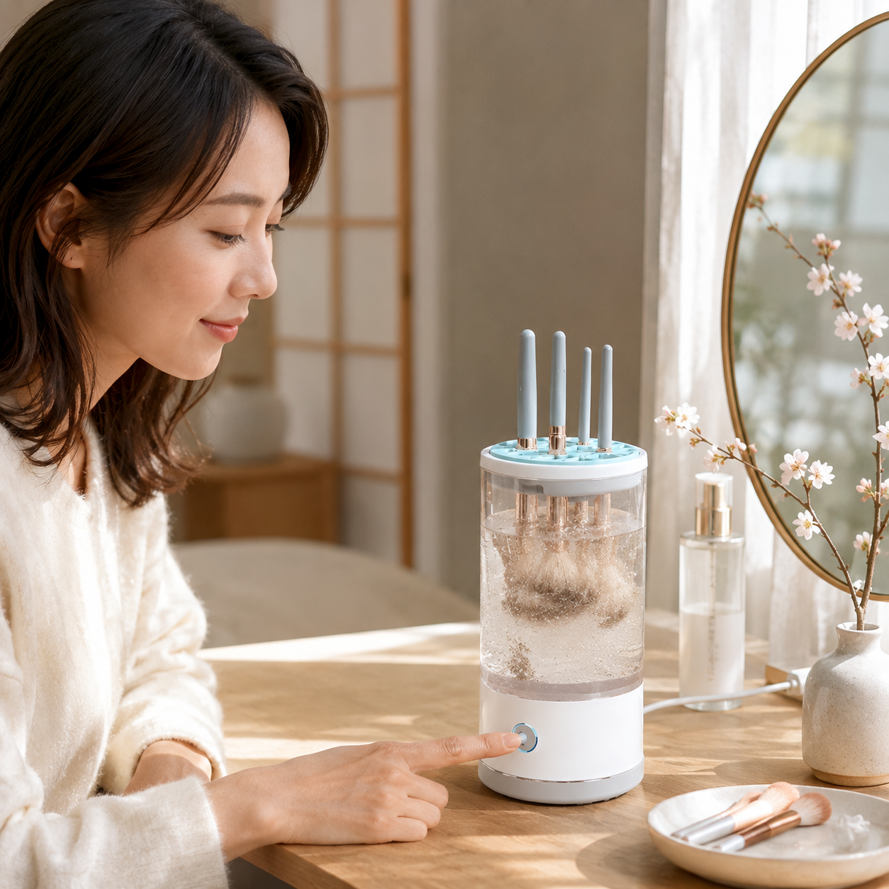 充電式電動メイクブラシクリーナー、自動洗浄、速乾、UV殺菌・乾燥機能付きブラシクリーナー