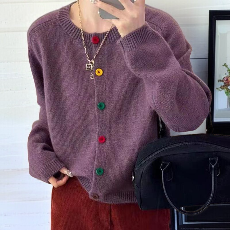 연령감소 쇼트 니트 카디건 코트 루즈 라운드 니트 카디건 단추 니트 카디건녀