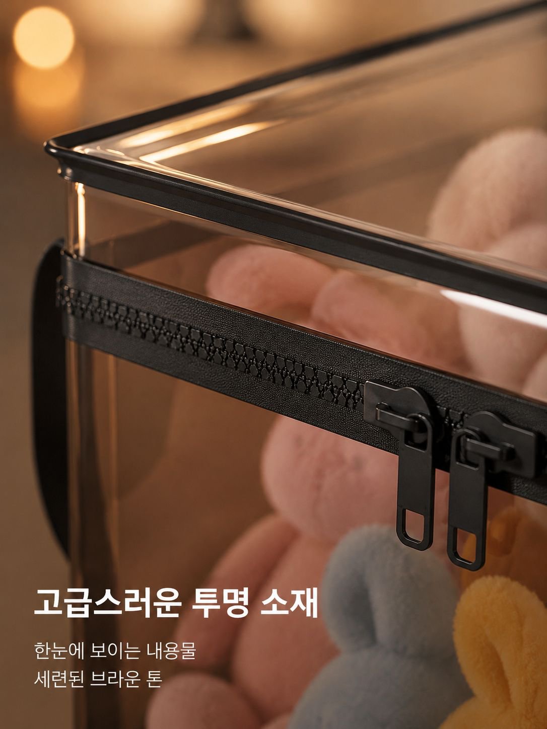 여러 개의 투명 수납박스 쌓아 정리한 이미지