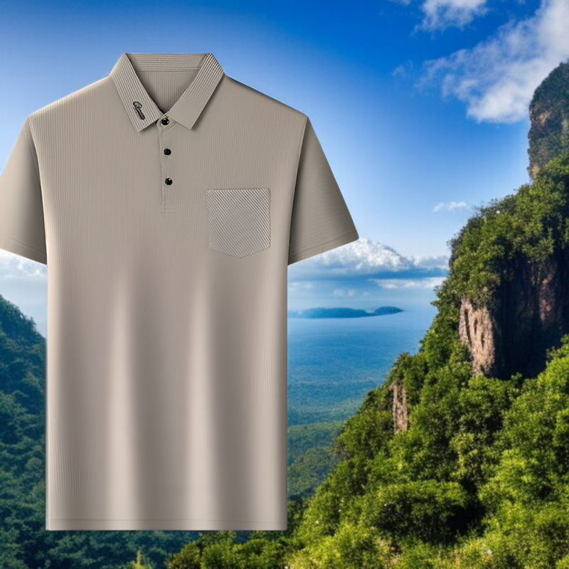 남자 중년 아빠 여름 상의 고탄력 터틀넥 루즈핏 아이스 반팔 티셔츠 상의 얇은 고탄력 여름 상의 시원한 스트라이프 셔츠 상의