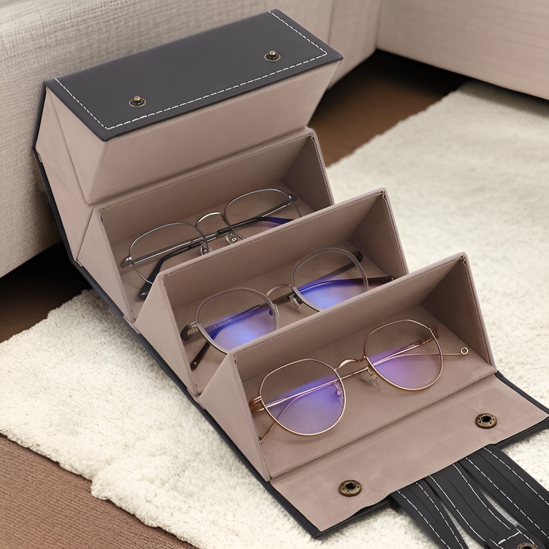  Caja de almacenamiento plegable de cuero para gafas con múltiples compartimentos