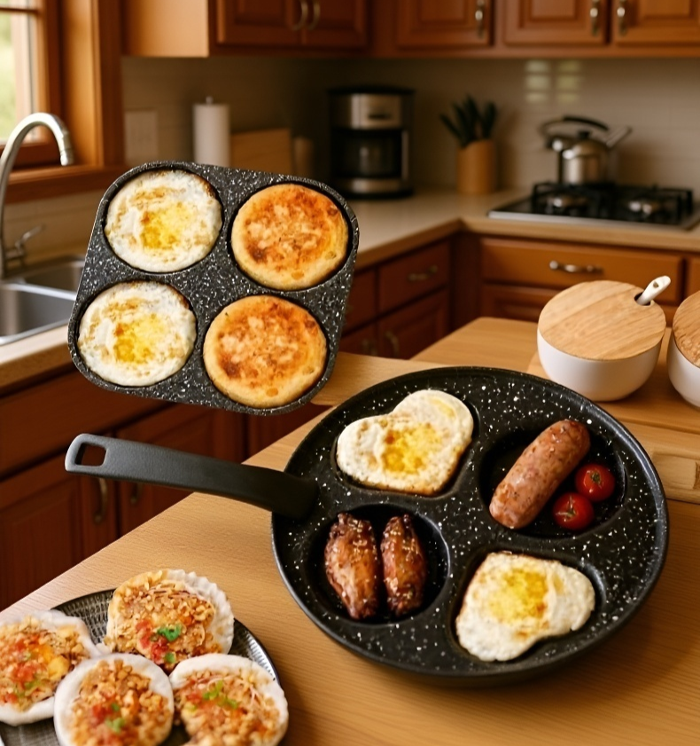 4구 하트 프라이팬에 팬케이크 굽는 장면