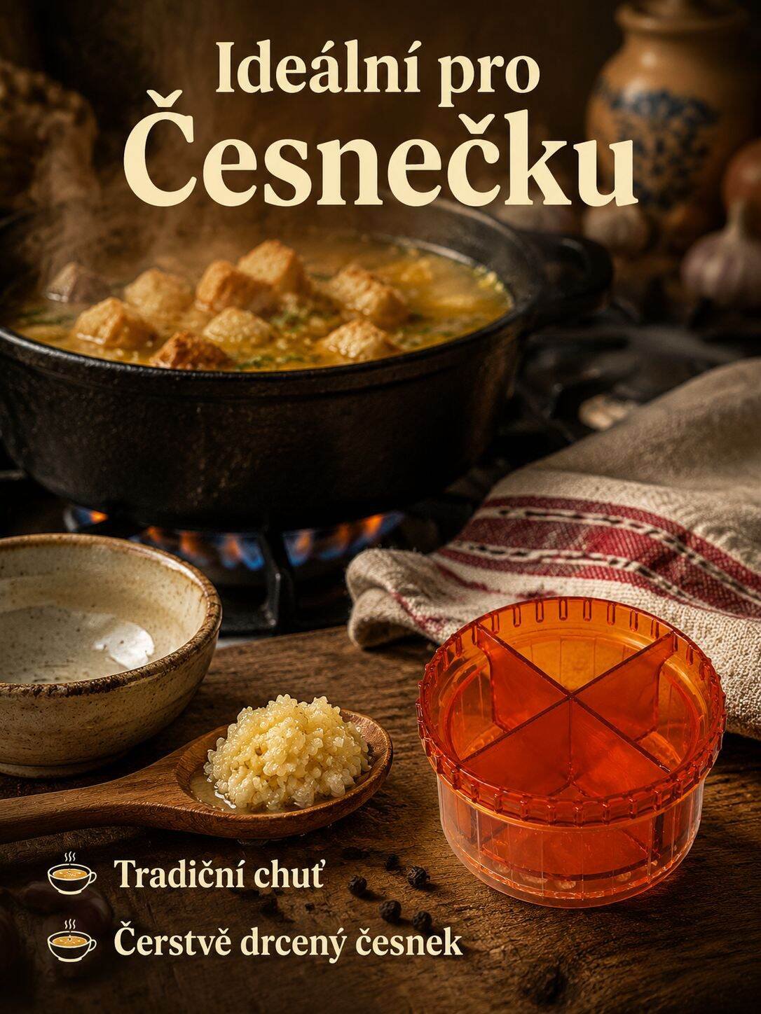 Kreativní lis na česnek, box na česnek, šikovný pomocník do kuchyně