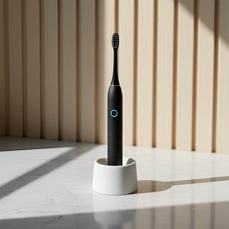 Jednoduchý černý elektrický zubní kartáček na bílém pozadí