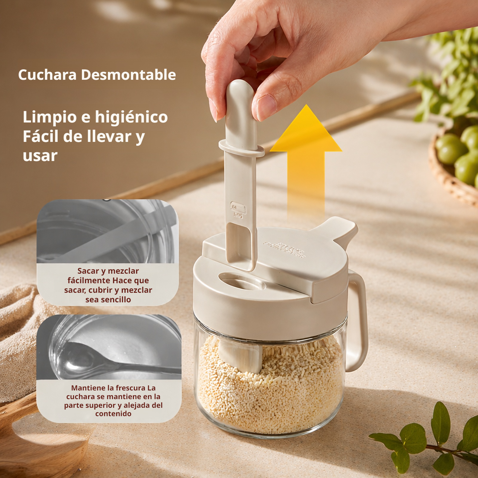 Frasco de condimentos para el hogar con cuchara, diseño separable de vidrio