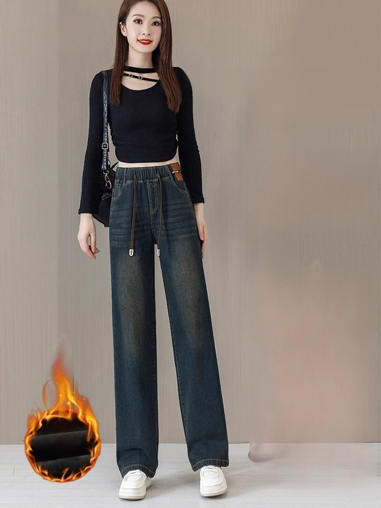 고무 웨스트 데님 와이드 팬츠