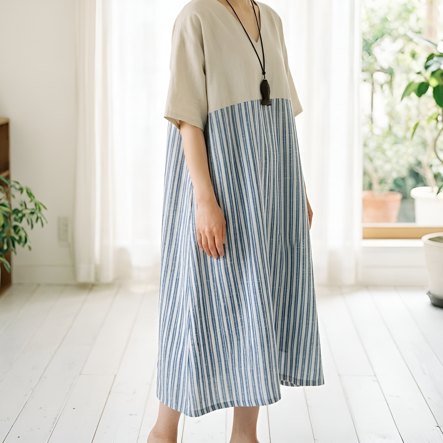 コットンリネンストライプルーズワンピース