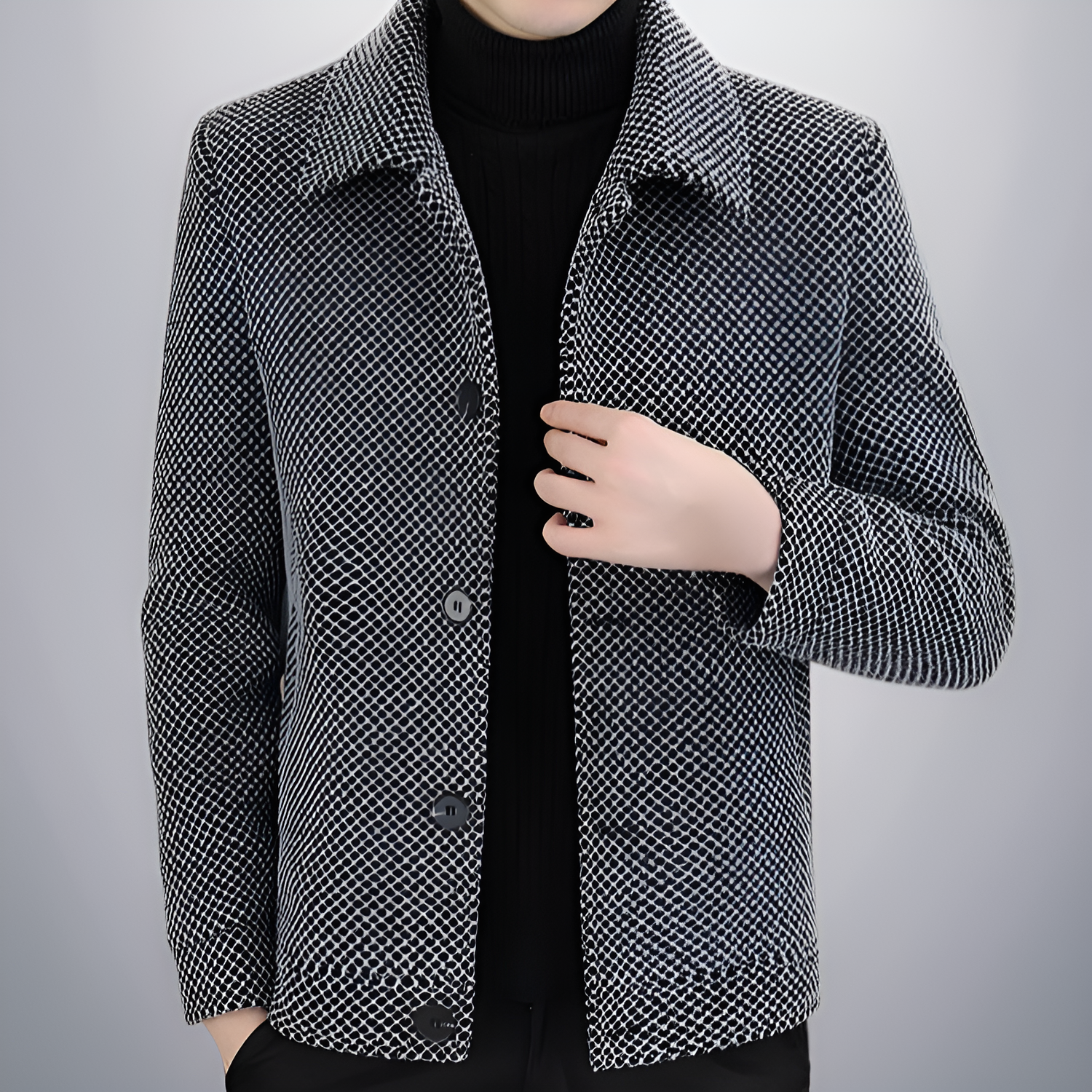 Men wearing stylish collar and plush jacket outdoors