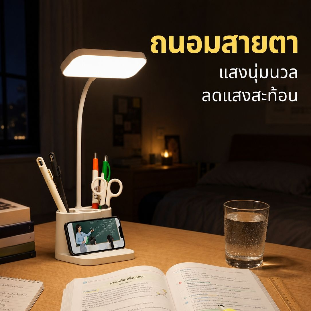 โคมไฟ LED ตั้งโต๊ะสำหรับนักเรียน มัลติฟังก์ชั่น พร้อมที่ใส่ปากกา ชาร์จไฟได้ ถนอมสายตา ใช้ในหอพัก