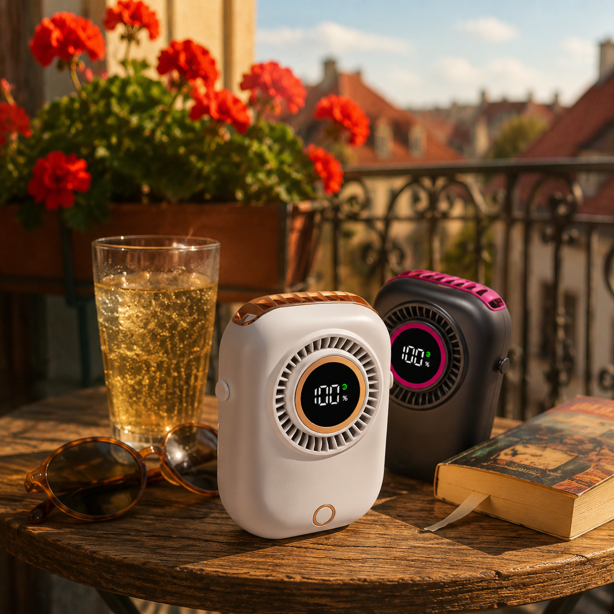 Intelligenter Mini-Nackenventilator mit digitaler Anzeige und siebenfarbiger Ambientebeleuchtung