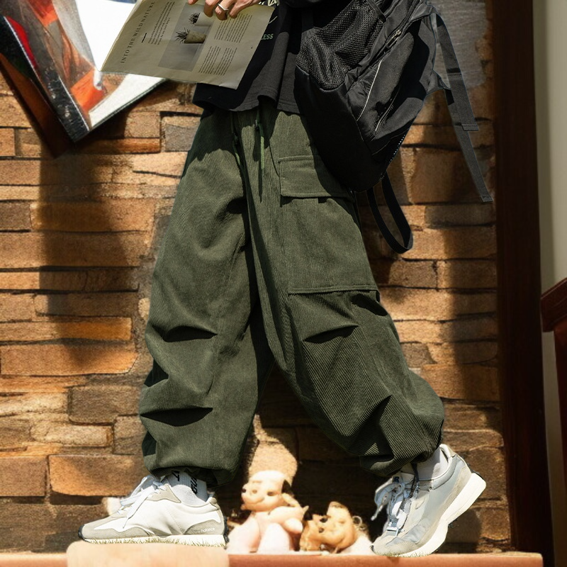 カップル秋冬コーデュロイストレートワイドパンツパンツメンズカジュアルワークパンツアーミーグリーンワイドパンツ
