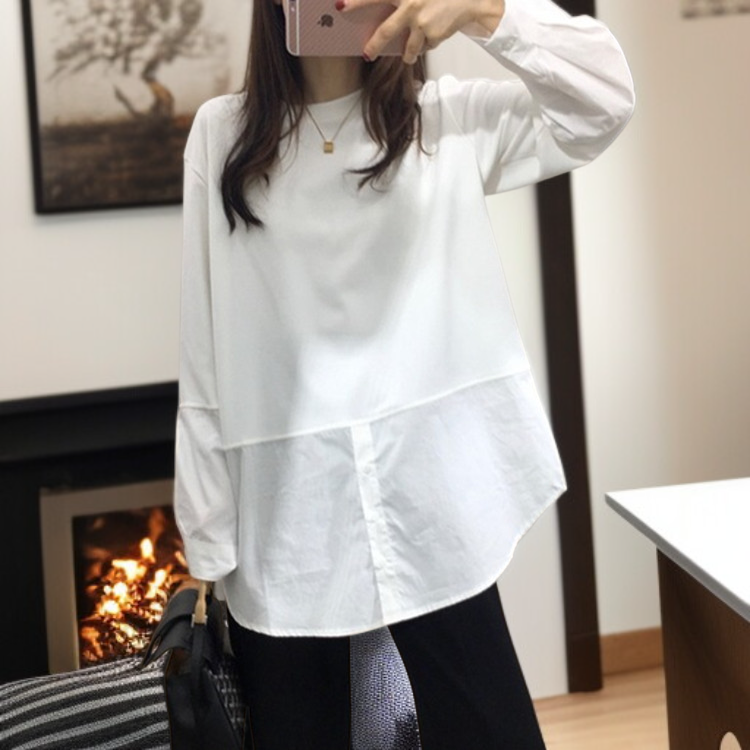 白 秋 長袖シャツ ゆったり 丸首 長袖 ボトムス シャツ コットン Tシャツ