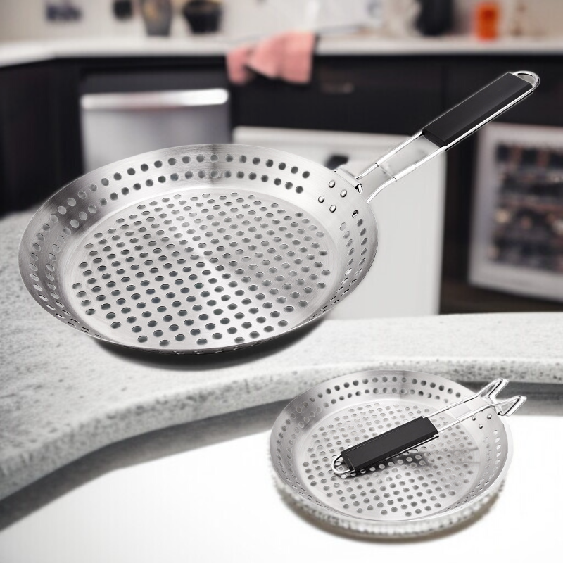 휴대용 Bbq 불판 야외 접이식 야채판 원형 펀칭 불판 나무 손잡이 야외 바베큐 접시