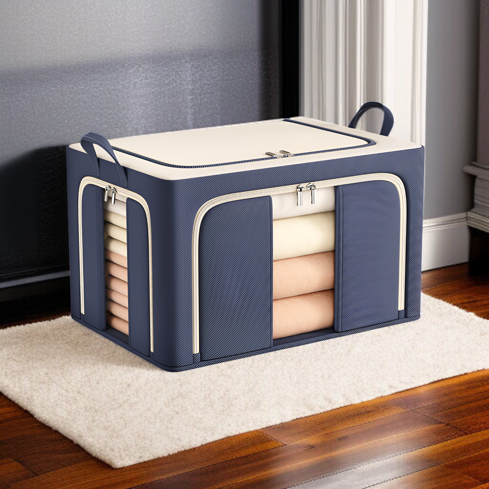 Faltbare Kleideraufbewahrungsbox mit Stahlrahmen, dreiseitige Öffnung, stapelbar, ideal für Futons